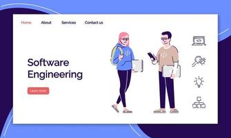 Software-Engineering-Landingpage-Vektorvorlage. Programmierung und Codierung der Website-Schnittstellenidee mit flachen Illustrationen. Layout der Homepage für Programmierkurse. Webbanner, Webseiten-Cartoon-Konzept vektor