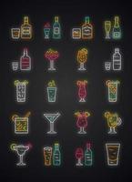 Getränke Neonlicht Icons Set. Alkohol Menükarte. Getränke für Cocktails. Whisky, Rum, Wein, Martini, Margarita, Absinth. erfrischende und wärmende Liköre. leuchtende Zeichen. isolierte Vektorgrafiken vektor