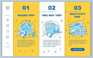 Flugzeug Flugticket Onboarding mobile Webseiten Vektorvorlage. Städtereise. reaktionsschnelle Smartphone-Website-Schnittstellenidee mit linearen Illustrationen. Schrittbildschirme für die Website-Walkthrough-Schritte. Farbkonzept vektor