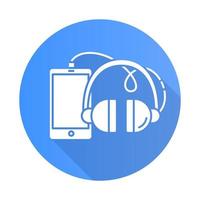 Telefone und Zubehör blaues flaches Design lange Schatten Glyphe Symbol. Smartphone, Kopfhörer, Geräte. E-Commerce-Abteilung, Online-Shopping-Kategorien. MP3-Player-Konzept. Vektor-Silhouette-Abbildung vektor