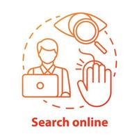 Suchen Sie das Symbol für das Online-Konzept. Suche nach Informationen im Web. Daten recherchieren. Sekretärin, Assistentin. Arbeiten Sie an der dünnen Linie Illustration der Computeridee. Vektor isolierte Umrisszeichnung