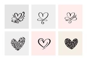 Satz von sechs Weinlese Vector Valentines Day Hand Drawn Calligraphic Hearts. Kalligraphie Schriftzug Abbildung. Urlaub Design Valentinstag. Ikonenliebesdekor für Netz, Hochzeit und Druck. Isoliert