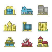 stadsbyggnader färg ikoner set. köpcentra, affärscentra, stuga, stadshus, industrifabrik, restaurang, byggnad i flera våningar. isolerade vektorillustrationer vektor