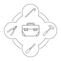 Werkzeugkasteninhalt lineare Symbole gesetzt. Bauwerkzeuge. Zange, Brechstange, Schraubendreher, Hammer. isolierte vektorillustrationen vektor