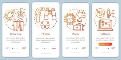 Startup, Firmencamps beim Onboarding der mobilen App-Seitenbildschirmvektorvorlage. Teambuilding, Personaltraining. Walkthrough-Website-Schritte mit linearen Illustrationen. ux, ui, gui Smartphone-Schnittstellenkonzept vektor