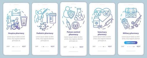 Apotheke Branchase Onboarding Mobile App Seite Bildschirm Vektorvorlage. Hospiz- und Kinderarzneimittel. Walkthrough-Website-Schritte mit linearen Illustrationen. ux, ui, gui Smartphone-Schnittstellenkonzept vektor