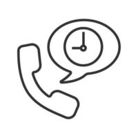 Lineares Symbol für die Dauer des Telefongesprächs. dünne Linie Abbildung. Mobilteil mit Uhr in Sprechblase. Kontursymbol. Vektor isolierte Umrisszeichnung