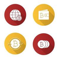 Bitcoin flaches Design lange Schatten Glyphe Icons Set. globale Bitcoin, Brieftasche, Austausch, Münzen. Vektor-Silhouette-Abbildung vektor