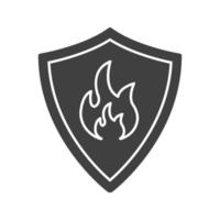 Feuerwehr Abzeichen Glyphe Symbol. Silhouette-Symbol. Schutzschild mit Feuer. negativer Raum. isolierte Vektorgrafik vektor