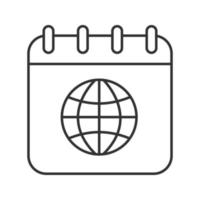 Lineares Symbol für den internationalen Kalender. dünne Linie Abbildung. Kalenderseite mit weltweitem Globusmodell. Kontursymbol. Vektor isolierte Umrisszeichnung