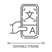 Lineares Symbol für die Online-Wörterbuchanwendung. direkte Übersetzung. Übersetzungsdienst. Smartphone-Übersetzer. dünne Linie Abbildung. Kontursymbol. Vektor isolierte Umrisszeichnung. bearbeitbarer Strich