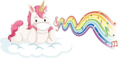 Einhorn steht auf der Wolke mit Melodiesymbolen auf Regenbogenwelle vektor