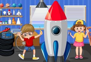 Szene mit Kindern, die gemeinsam Rakete reparieren vektor