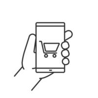 Hand, die lineares Smartphone-Symbol hält. dünne Linie Abbildung. Smartphone-Shopping-App. Kontursymbol. Vektor isolierte Umrisszeichnung