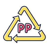 pp gul symbol färgikon. termoplastisk polymermärkning. hartskod. återvinning av plast. pil triangel. organisk kemi. miljöskydd. isolerad vektor illustration