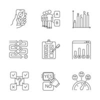 lineare Symbole der Umfrage festgelegt. Online-Umfrage. Antwort auswählen, Option. gesellschaftliche Meinung. schriftlicher Test. Statistik Infografik. dünne Linienkontursymbole. isolierte Vektorgrafiken. bearbeitbarer Strich vektor