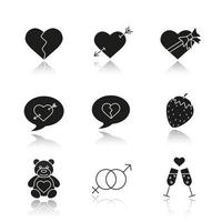 Valentinstag Schlagschatten schwarze Symbole gesetzt. Herzschmerz, Liebesbotschaften, Sex und erotische Symbole, Champagner, Teddybär, pfeildurchdringendes Herz, Pralinenschachtel. isolierte vektorillustrationen vektor