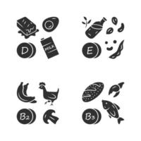 vitaminer glyph ikoner set. d, e, b2, b3 vitaminer naturlig matkälla. mejeriprodukter, nötter. rätt kost. hälsosam mat. mineraler, antioxidanter. vektor isolerade illustration