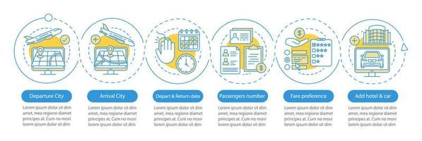 Infografik-Vorlage für die Reiseplanung. hotel, auto. Designelemente für die Geschäftspräsentation. Datenvisualisierung mit sechs Schritten und Optionen. Zeitachsendiagramm des Prozesses. Workflow-Layout mit linearen Symbolen vektor