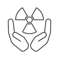 öppna palmer med atomkraftsymbol linjär ikon. tunn linje illustration. säker kärnkraft. kontursymbol. vektor isolerade konturritning