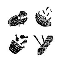 snabbmat glyph ikoner set. pizza, pommes frites, kycklingstrumpor, sushi. italienska, amerikanska och asiatiska rätter. feta rätter. restaurang, cafémeny. silhuett symboler. vektor isolerade illustration