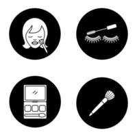 Kosmetikzubehör Glyphe Icons Set. Frau mit Make-up-Pinsel, Lidschatten, Wimperntusche. Vektorgrafiken von weißen Silhouetten in schwarzen Kreisen vektor