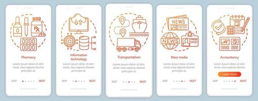 Komfort, Dienstleistungsbranchen beim Onboarding der mobilen App-Seitenbildschirmvektorvorlage. Informationsdienste. Walkthrough-Website-Schritte mit linearen Illustrationen. ux, ui, gui Smartphone-Schnittstellenkonzept vektor