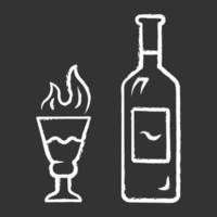 absint krita ikon. flaska och högfotat glas med flammande skott. destillerad alkoholhaltig dryck. växtbaserad sprit. alkohol bar dryck, sprit. isolerade vektor svarta tavlan illustration