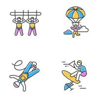 Luft-Extremsport-Farbsymbole gesetzt. Riesenschaukel, Fallschirmspringen, Bungee-Jumping und Wakeboarden. Outdoor-Aktivitäten. Adrenalinunterhaltung und riskante Erholung. isolierte vektorillustrationen vektor