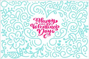 Karten-Kalligraphiephrase glücklicher Valentinstag mit Monoline Flourish Herzen. Vektor-Valentinsgruß-Tageshand gezeichnete Beschriftung. Feiertagsskizzengekritzel Entwurfs-Valentinsgrußkarte. Isolierte darstellung vektor