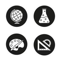 Schule und Bildung Glyphensymbole gesetzt. Geographie, Chemie, Kunst, Geometriesymbole. Schulherrscher, chemische Reaktion, Palette mit Pinsel, Globus. Vektorgrafiken von weißen Silhouetten in schwarzen Kreisen vektor