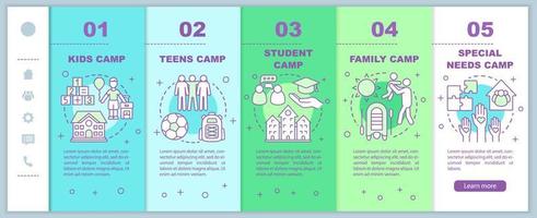 Kinder, Familiencamps Onboarding mobile Webseiten Vektorvorlage. reaktionsschnelle Smartphone-Website-Schnittstellenidee mit linearen Illustrationen. Schrittbildschirme für die Website-Walkthrough-Schritte. Farbkonzept vektor