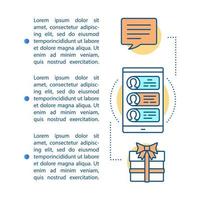 Empfehlungsmarketing belohnt Artikelseitenvektorvorlage. Treueprogramm. Broschüre, Magazin, Broschürengestaltungselement mit linearen Symbolen und Textfeldern. Druckdesign. Konzeptillustrationen mit Text vektor