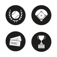 Baseball-Meisterschaftsikonen eingestellt. Softballball im Lorbeerkranz, Feld, Tickets, Siegerpokal. Vektorgrafiken von weißen Silhouetten in schwarzen Kreisen vektor