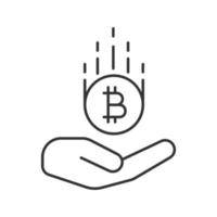 Offene Hand mit linearem Bitcoin-Symbol. Kryptowährung. dünne Linie Abbildung. Geld sparen. Kontursymbol. Vektor isolierte Umrisszeichnung