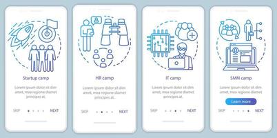 Startup, Firmencamps beim Onboarding der mobilen App-Seitenbildschirmvektorvorlage. Teambuilding, Personaltraining. Walkthrough-Website-Schritte mit linearen Illustrationen. ux, ui, gui Smartphone-Schnittstellenkonzept vektor