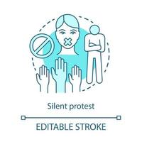 tyst protest konceptikon. civil olydnad, icke -våldsresistens idé tunn linje illustration. upphöjda händer, stoppskylt, aktivist med tejpad mun vektor isolerad konturritning. redigerbar stroke