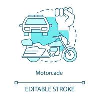 motorcade konceptikon. fordon procession idé tunn linje illustration. polisbil, motorcykel och knytnäve vektor isolerad konturritning. politiska transporter, säkerhetskonvoj. redigerbar stroke