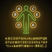 kropp vitaminer neonljus ikon. a, b, c, d, e, k multivitaminer. vitala mineraler och antioxidanter. sjukvård och medicin. glödande tecken med alfabetet, siffror och symboler. vektor isolerade illustration
