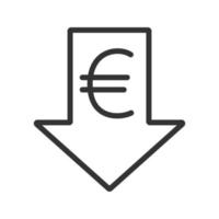 Euro-Kurs fallendes lineares Symbol. dünne Linie Abbildung. Währung der Europäischen Union mit Pfeil nach unten. Kontursymbol. Vektor isolierte Umrisszeichnung