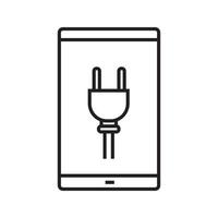 Lineares Symbol für das Aufladen des Smartphones. dünne Linie Abbildung. Smartphone mit Kontursymbol des elektrischen Steckers. Vektor isolierte Umrisszeichnung