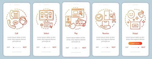 Online-Shopping Onboarding mobiler App-Seitenbildschirm mit linearen Konzepten. anrufen, auswählen, bezahlen, empfangen, genießen. Schritte grafische Anweisungen. digitaler Kauf. ux, ui, gui Vektorvorlage mit Illustrationen vektor