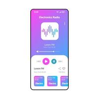 elektronische Musikradio-Smartphone-Schnittstellenvektorvorlage. Neonblaues Design-Layout der mobilen Musik-Player-App-Seite. moderne Songs, Tracks Alben Hörbildschirm. flache ui für die anwendung. Telefondisplay vektor
