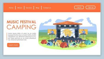 Musikfestival camping Zielseiten-Vektorvorlage. Sommer-Open-Air-Konzert-Website-Schnittstellenidee mit flachen Illustrationen. dj fest Homepage-Layout. Unterhaltungs-Webbanner, Webseiten-Cartoon-Konzept vektor