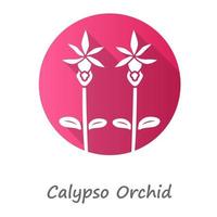 Calypso Orchidee rosa flaches Design lange Schatten Glyphe Symbol. exotische, tropische Blume. Feenschuh mit Namen. Calypso bulbosa Blütenstand. Wildblumenpaphiopedilum. Vektor-Silhouette-Abbildung vektor