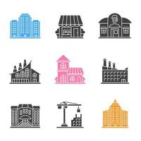 stadsbyggnader glyph ikoner set. byggnad i flera våningar, butik, pub, industrifabrik, café, hotell, universitet, tornkran, skyskrapa. silhuett symboler. vektor isolerade illustration