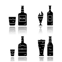 Getränke Schlagschatten schwarze Glyphe Icons Set. Rum, Absinth, Sambuca, Bier. Flaschen und Getränke in Gläsern. Erfrischung alkoholische Flüssigkeit für Party und Feier. isolierte vektorillustrationen vektor