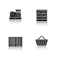 Supermarkt Schlagschatten schwarze Symbole gesetzt. Einkaufskorb, Registrierkasse, Strichcode, Ladenregale. Lebensmittelgeschäft Artikel. isolierte vektorillustrationen vektor