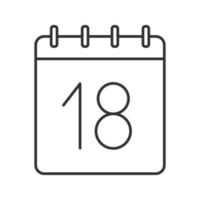 achtzehnter Tag des Monats lineares Symbol. Wandkalender mit 18 Zeichen. dünne Linie Abbildung. Datumskontursymbol. Vektor isolierte Umrisszeichnung