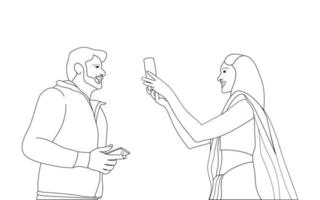 Hand gezeichnete Charakterillustration von Karwa Chauth-Paar, glückliches Karva Chauth-Handgezeichnete Charakterzeichnung von Paaren, die Karwa Chauth feiern. vektor